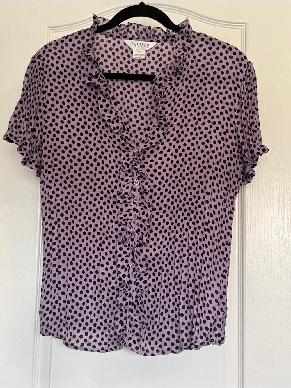 Allison Taylor Lavender and Black Polka Dot Ruffle Short Sleeve Blouse
